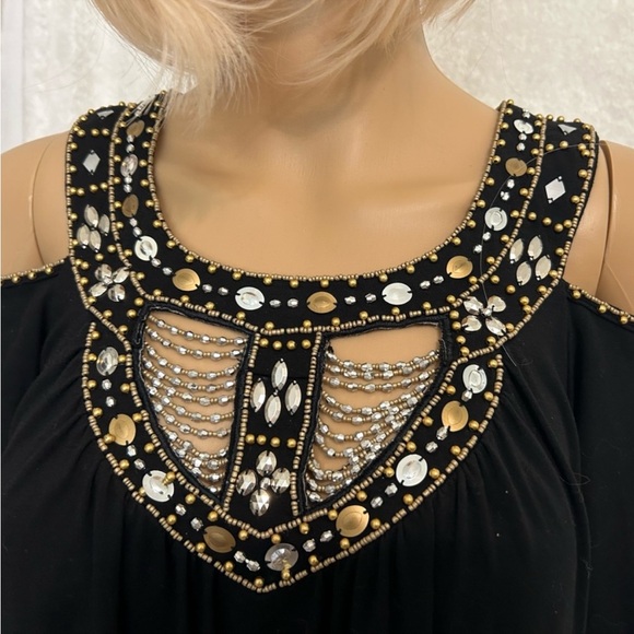 Boston Proper Cold Shoulder Gem Embellished Mini Dress Black Silver and … - Picture 3 of 3